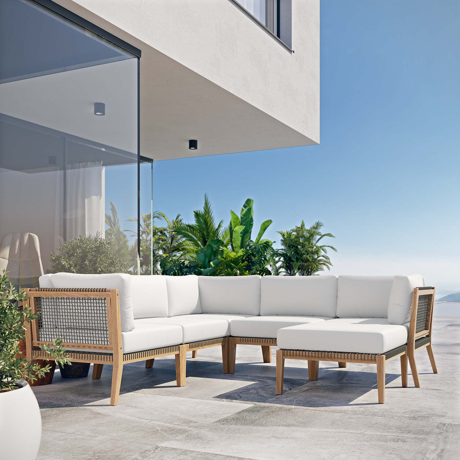 Vesper 6-Piece Outdoor Patio Teak Wood Sectional Sofa in Gray White