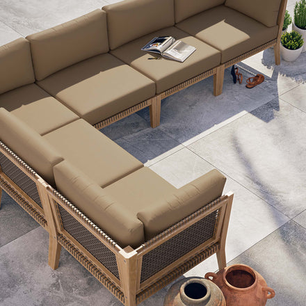 Clearwater 6-Piece Outdoor Patio Teak Wood Sectional Sofa in Gray Light Brown