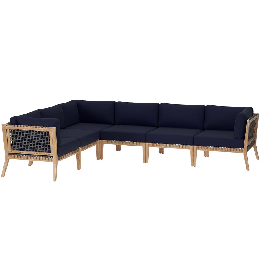 Vesper 6-Piece Outdoor Patio Teak Wood Sectional Sofa in Gray Navy