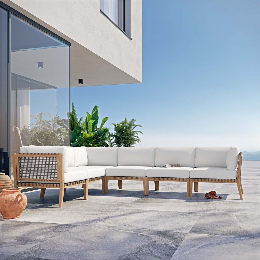 Vesper 6-Piece Outdoor Patio Teak Wood Sectional Sofa in Gray White