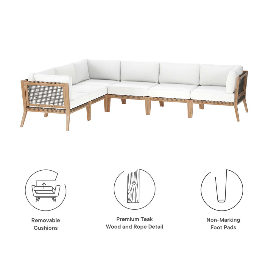 Vesper 6-Piece Outdoor Patio Teak Wood Sectional Sofa in Gray White