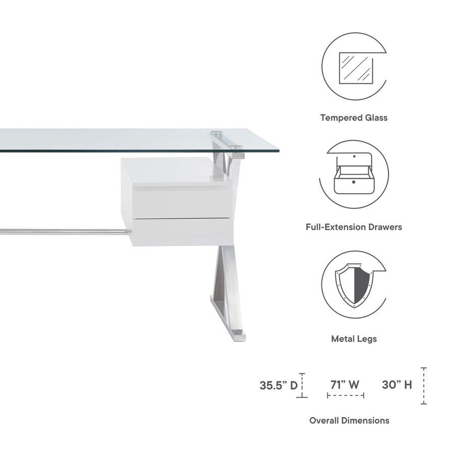 Perla 71" Glass Top Glass Office Desk in White
