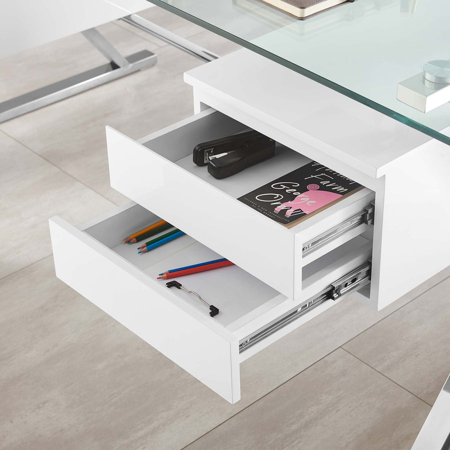 Perla 71" Glass Top Glass Office Desk in White