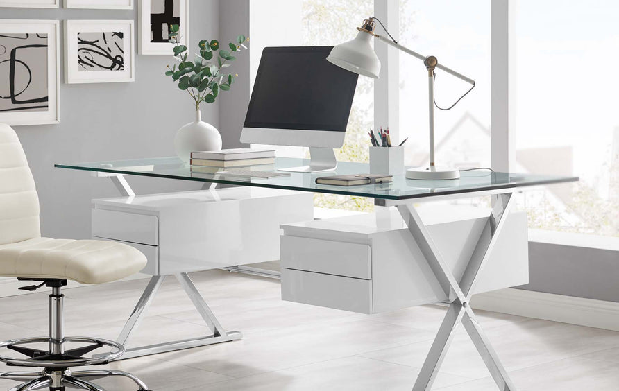 Perla 71" Glass Top Glass Office Desk in White