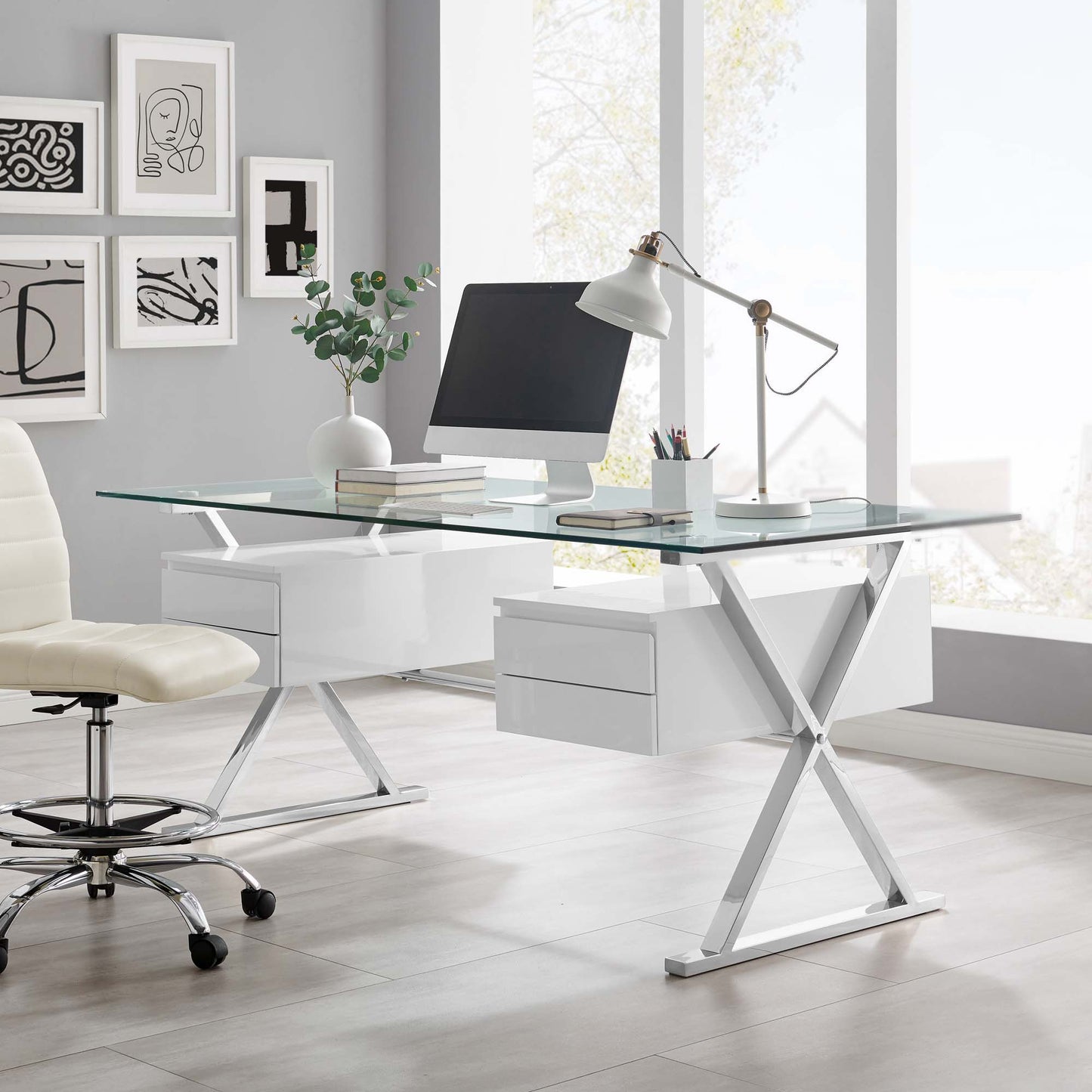 Sector 71" Glass Top Glass Office Desk by Furniture for America