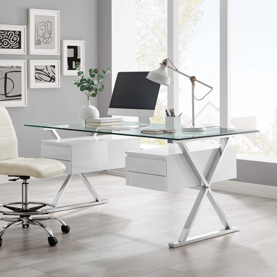 Perla 71" Glass Top Glass Office Desk in White