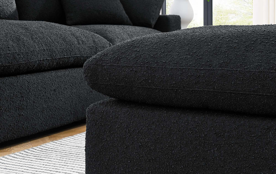 Linden Down Filled Overstuffed Boucle Fabric Ottoman in Black