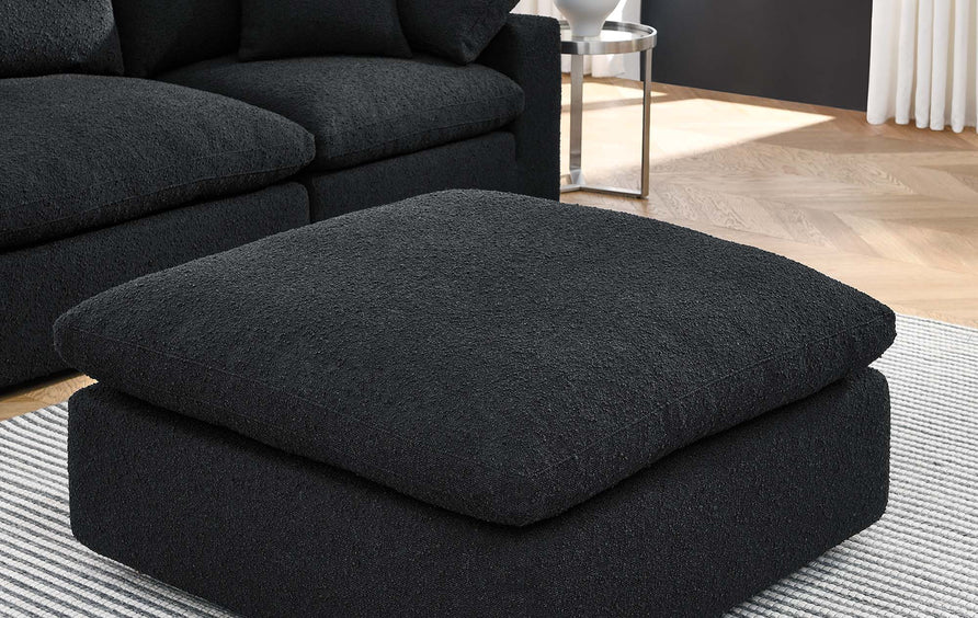 Linden Down Filled Overstuffed Boucle Fabric Ottoman in Black