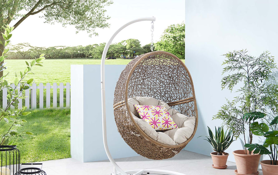 Luna Outdoor Patio Rattan Swing Chair in Cappuccino Beige