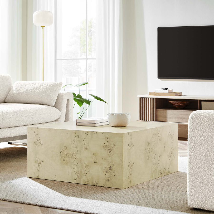 Gable 36" Square Burl Wood Coffee Table in Bleached Burl
