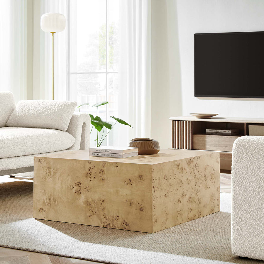 Gable 36" Square Burl Wood Coffee Table in Natural Burl
