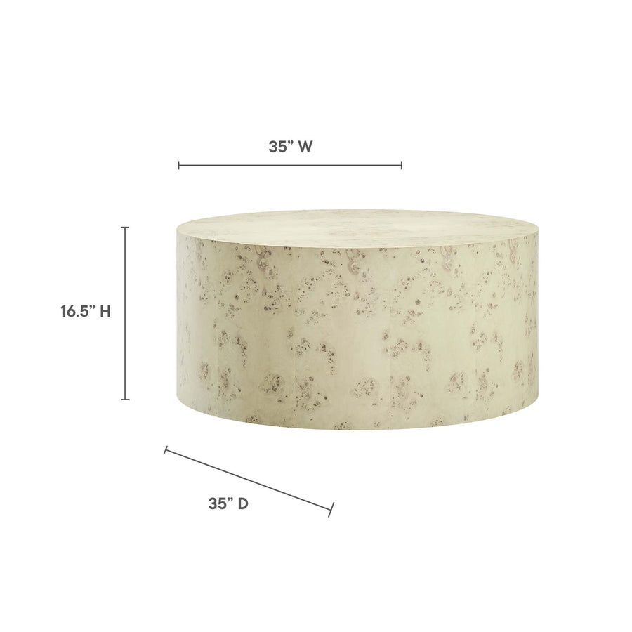 Gable 35" Round Burl Wood Coffee Table in Bleached Burl