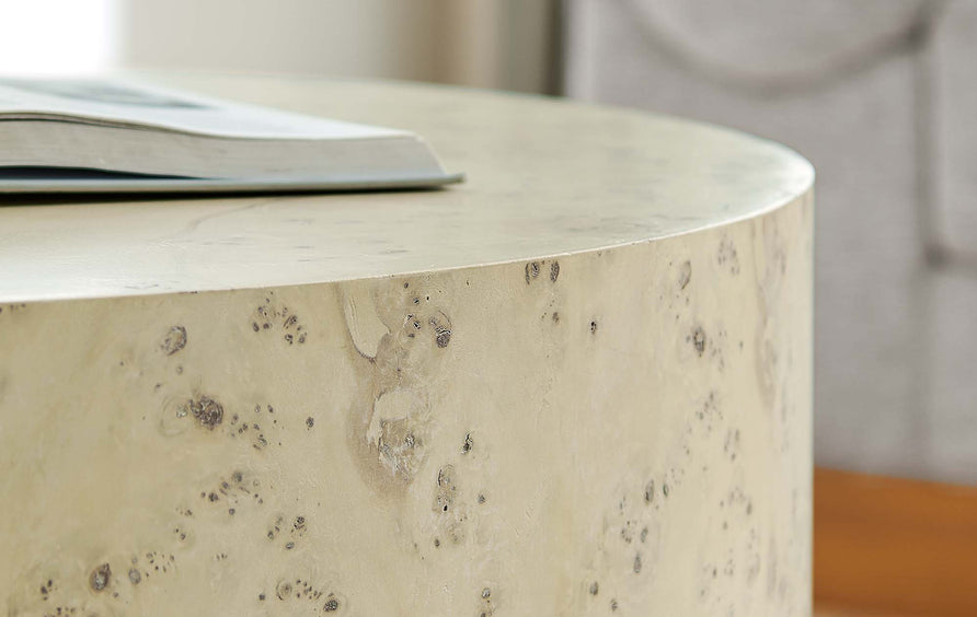 Gable 35" Round Burl Wood Coffee Table in Bleached Burl