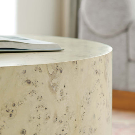 Cosmos 35" Round Burl Wood Coffee Table in Bleached Burl