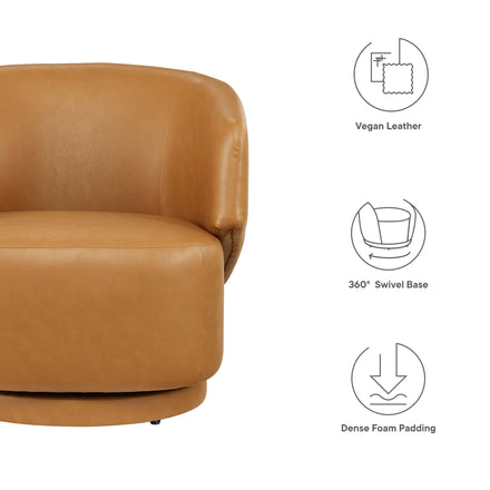 Celestia Vegan Leather Fabric and Wood Swivel Chair in Tan