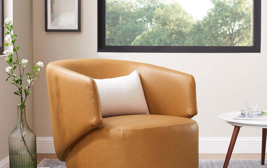 Rhett Vegan Leather Fabric and Wood Swivel Chair in Tan