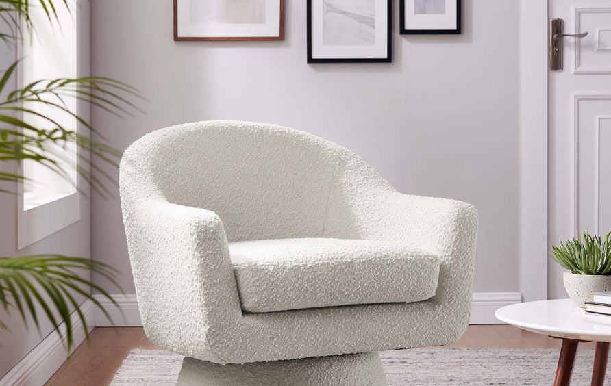 Ostro Boucle Fabric Swivel Chair in Ivory