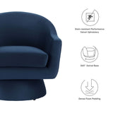 Ostro Performance Velvet Fabric and Wood Swivel Chair in Midnight Blue