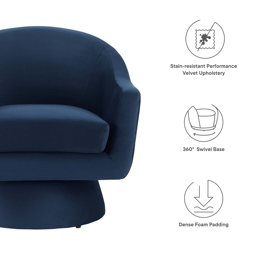 Ostro Performance Velvet Fabric and Wood Swivel Chair in Midnight Blue
