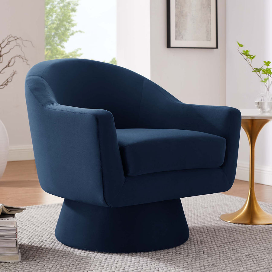 Ostro Performance Velvet Fabric and Wood Swivel Chair in Midnight Blue