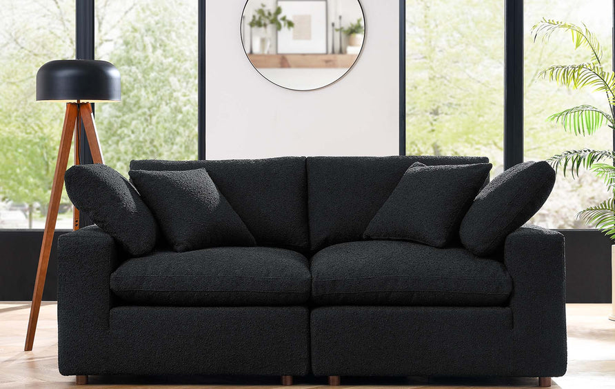 Linden Down Filled Overstuffed Boucle Fabric Loveseat in Black