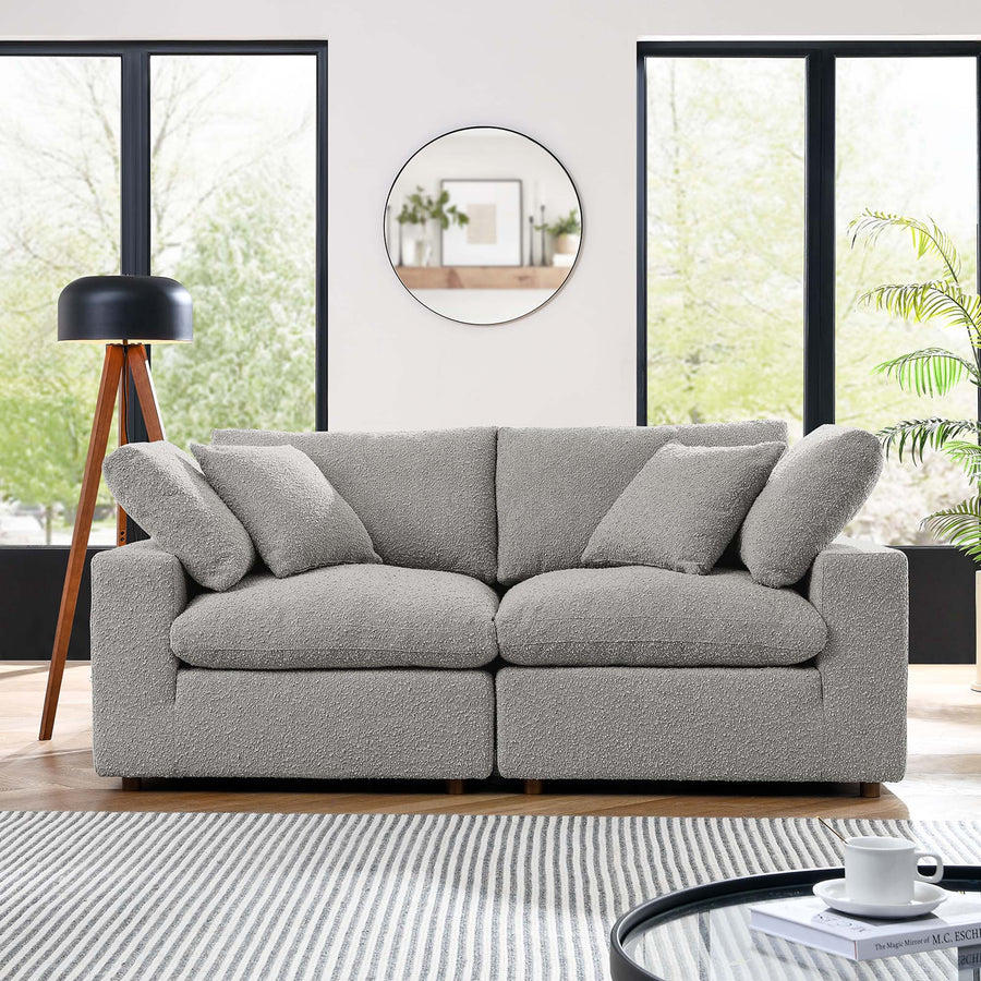Linden Down Filled Overstuffed Boucle Fabric Loveseat in Light Gray