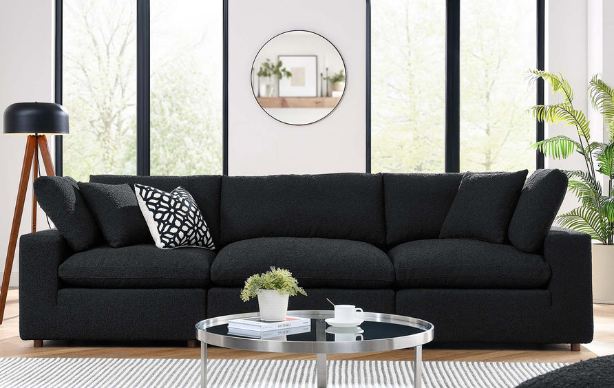 Linden Down Filled Overstuffed Boucle Fabric 3-Seater Sofa in Black