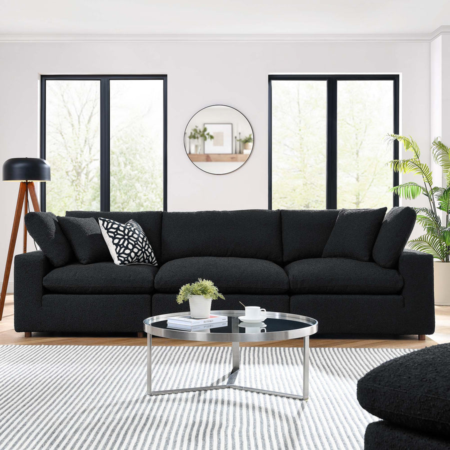 Linden Down Filled Overstuffed Boucle Fabric 3-Seater Sofa in Black