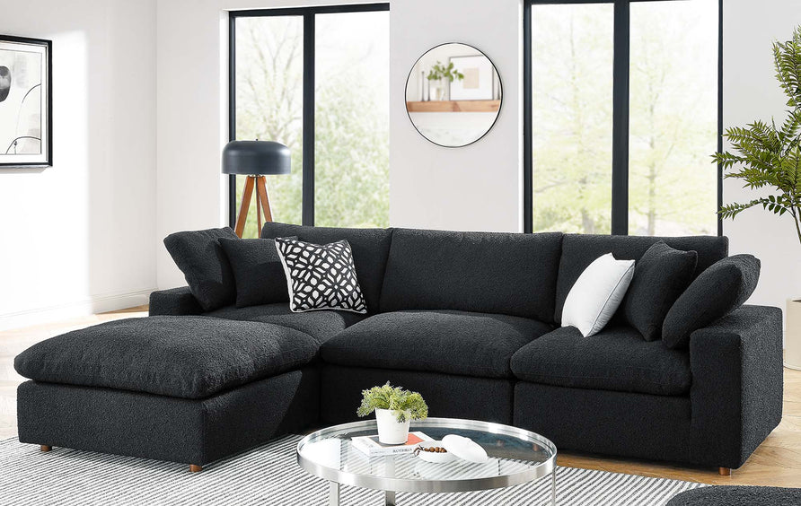 Linden 4-Piece Down Filled Overstuffed Boucle Fabric Sectional Sofa in Black