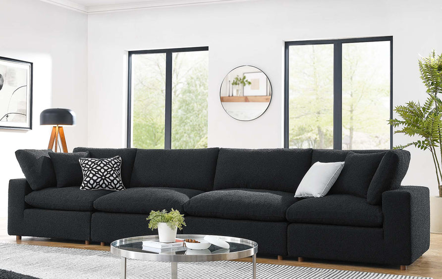 Linden Down Filled Overstuffed Boucle Fabric 4-Seater Sofa in Black