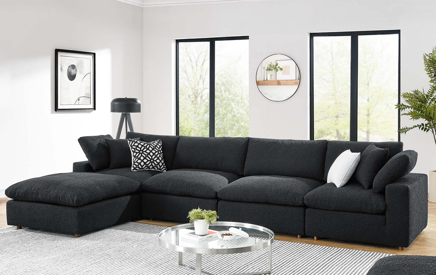Linden 5-Piece Down Filled Overstuffed Boucle Fabric Sectional Sofa in Black