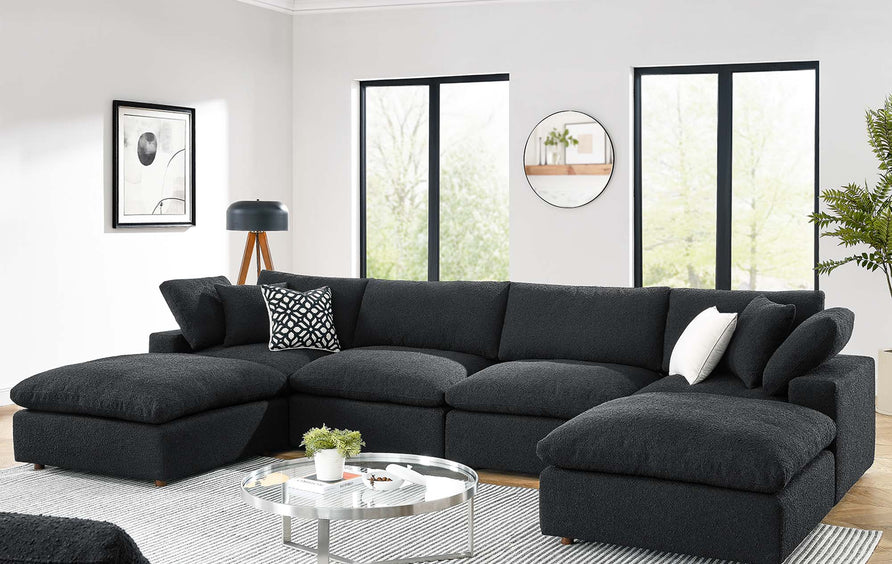 Linden 6-Piece Down Filled Overstuffed Boucle Sectional Sofa in Black