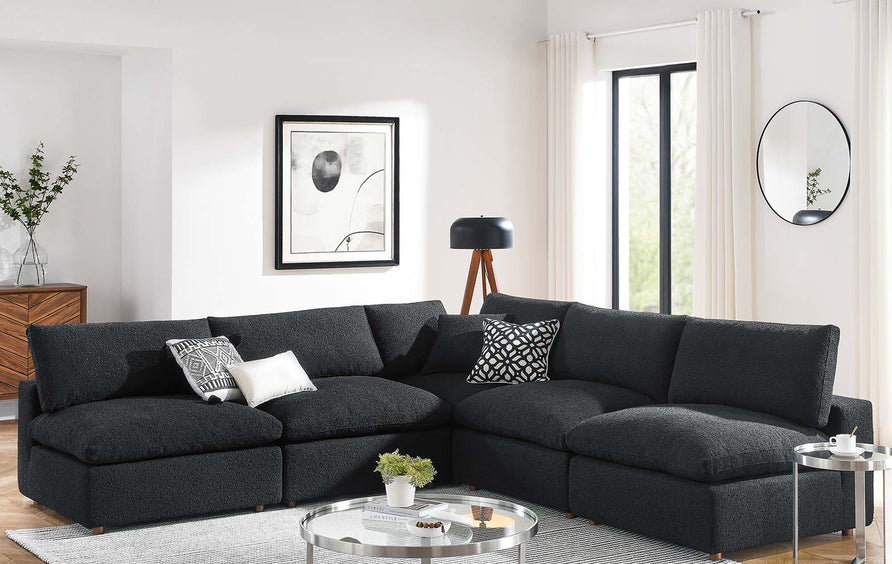 Linden 5-Piece Down Filled Overstuffed Boucle Fabric Sectional Sofa in Black