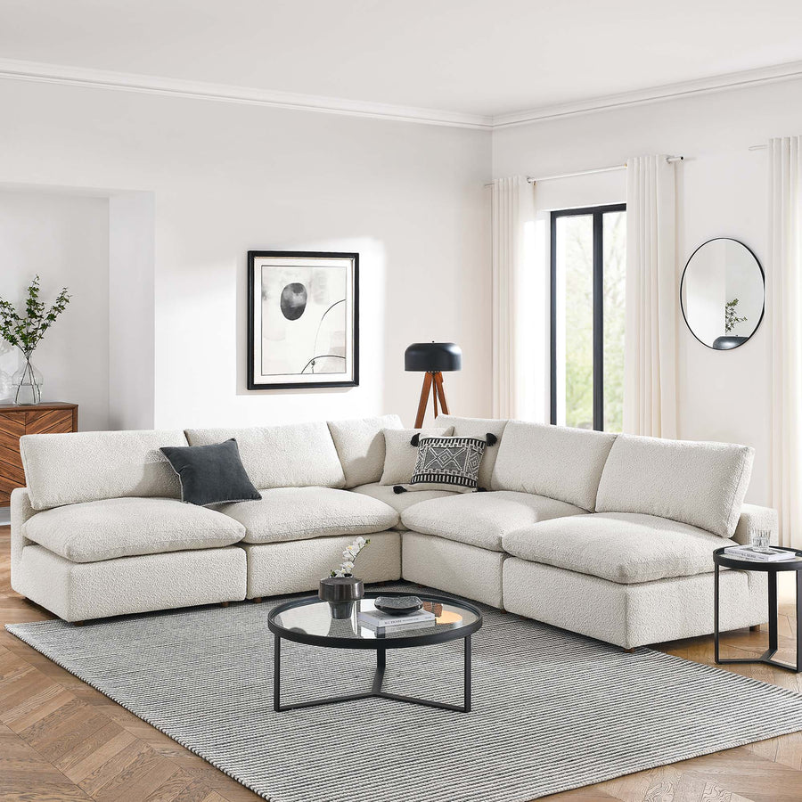 Linden 5-Piece Down Filled Overstuffed Boucle Fabric Sectional Sofa in Ivory