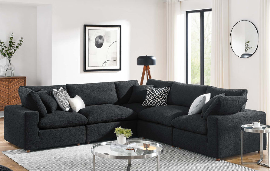 Linden 5-Piece Down Filled Overstuffed Boucle Sectional Sofa in Black