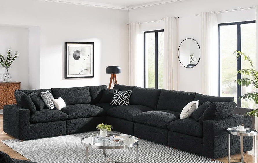 Linden 6-Piece Down Filled Overstuffed Boucle Fabric Sectional Sofa in Black