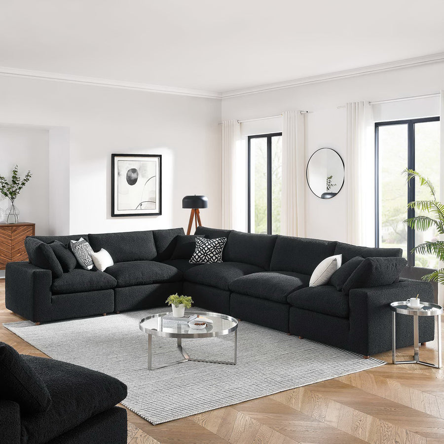 Linden 6-Piece Down Filled Overstuffed Boucle Fabric Sectional Sofa in Black
