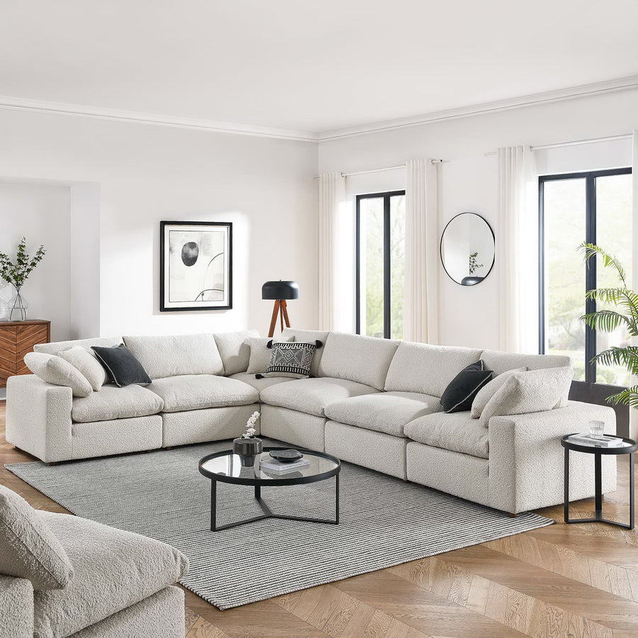Linden 6-Piece Down Filled Overstuffed Boucle Fabric Sectional Sofa in Ivory