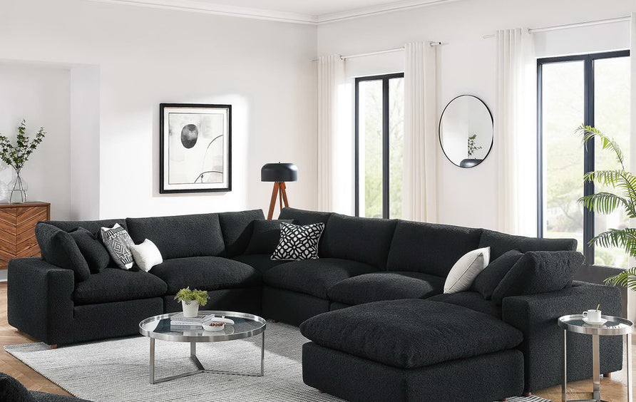 Linden 7-Piece Down Filled Overstuffed Boucle Sectional Sofa in Black