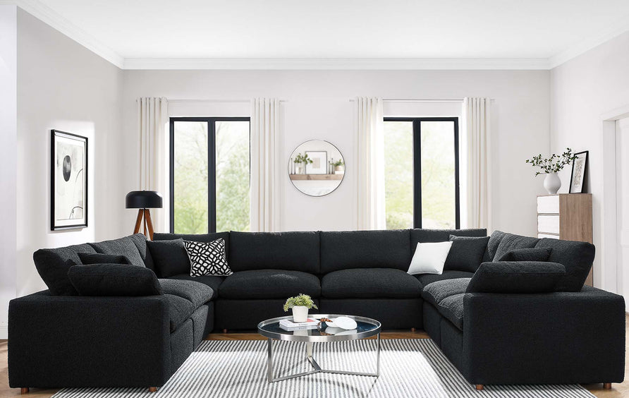 Linden 8-Piece Down Filled Overstuffed Boucle Fabric Sectional Sofa in Black