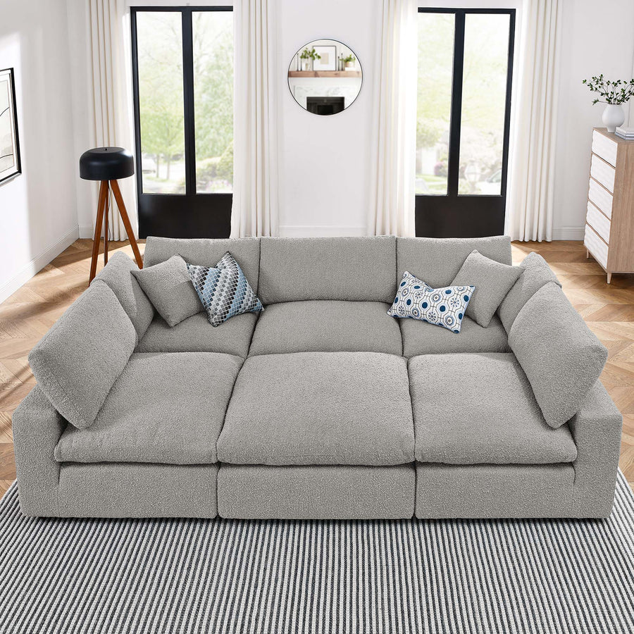 Linden 6-Piece Down Filled Overstuffed Boucle Fabric Sectional Sofa in Light Gray