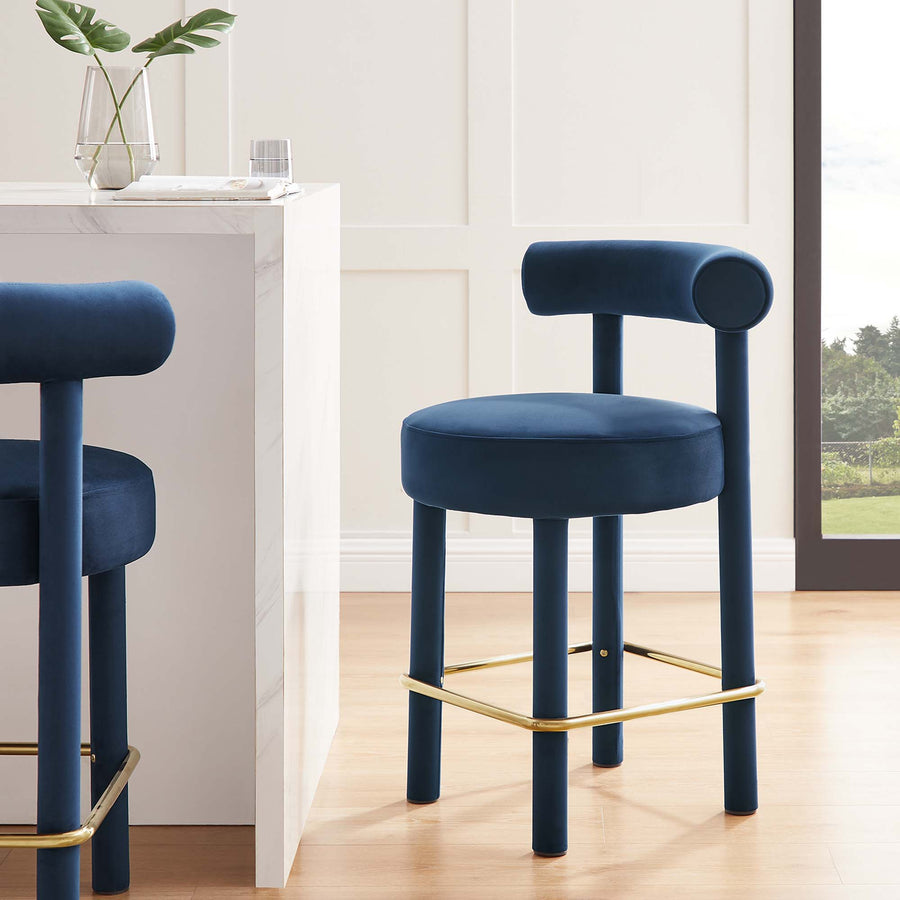 Halcyon Performance Velvet Counter Stool in Midnight Blue Gold