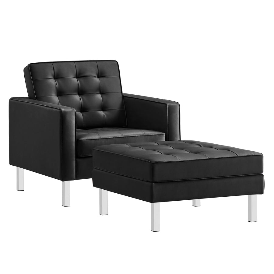Mesa Tufted Vegan Leather Armchair and Ottoman Set in Silver Black