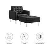 Mesa Tufted Vegan Leather Armchair and Ottoman Set in Silver Black