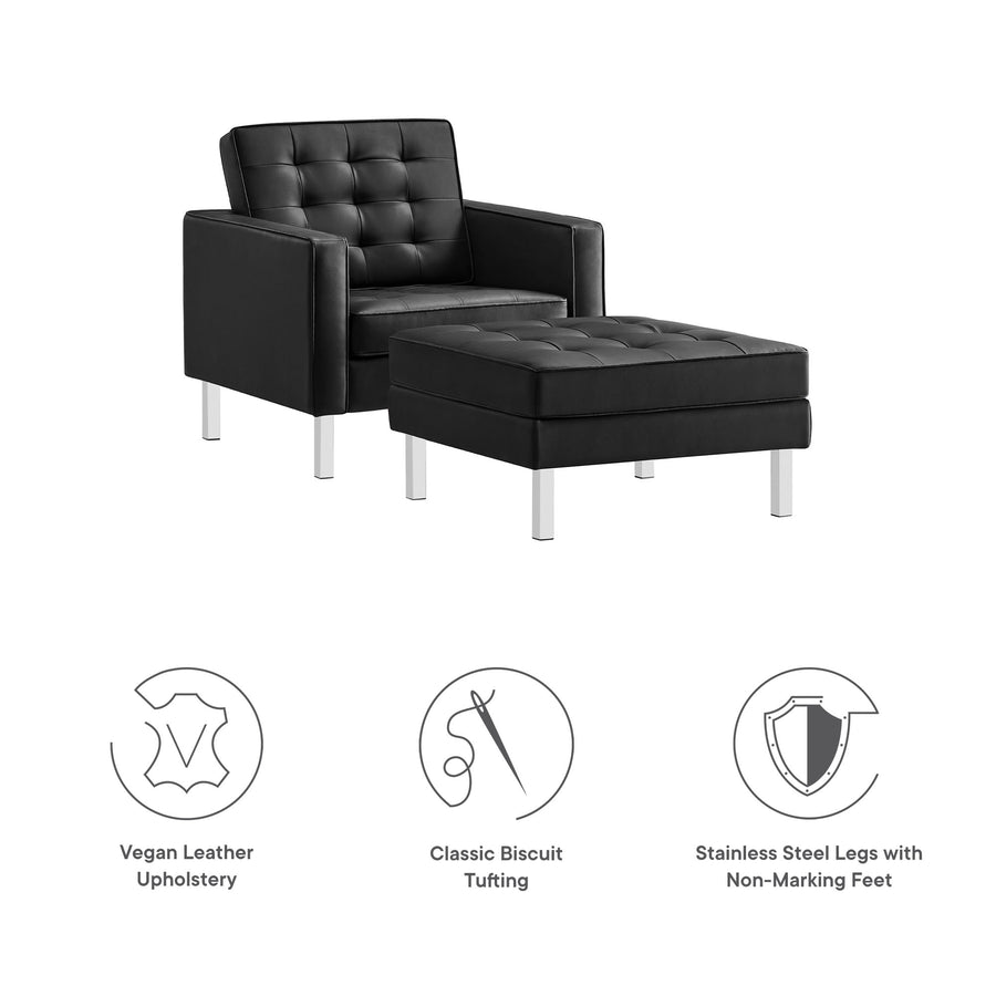 Mesa Tufted Vegan Leather Armchair and Ottoman Set in Silver Black