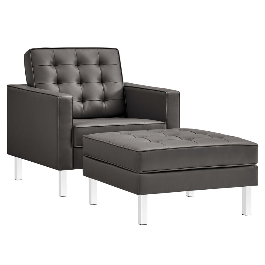 Mesa Tufted Vegan Leather Armchair and Ottoman Set in Silver Gray