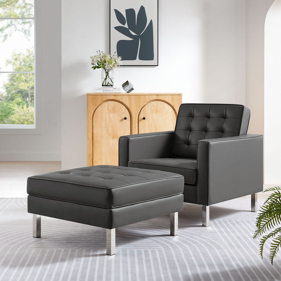 Mesa Tufted Vegan Leather Armchair and Ottoman Set in Silver Gray
