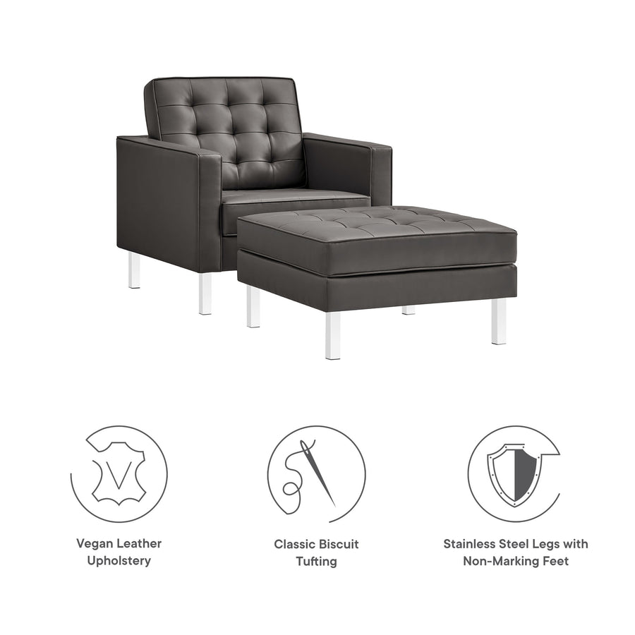 Mesa Tufted Vegan Leather Armchair and Ottoman Set in Silver Gray