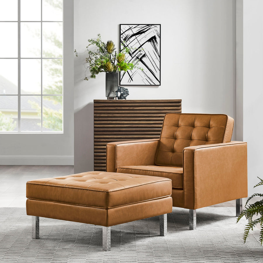 Mesa Tufted Vegan Leather Armchair and Ottoman Set in Silver Tan