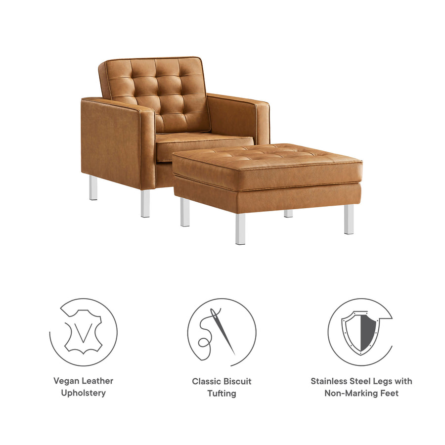 Mesa Tufted Vegan Leather Armchair and Ottoman Set in Silver Tan